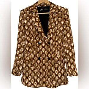 Zara Geometric Aztec Print Double-Breasted Blazer Jacket Size XS Retro 70s Brown
